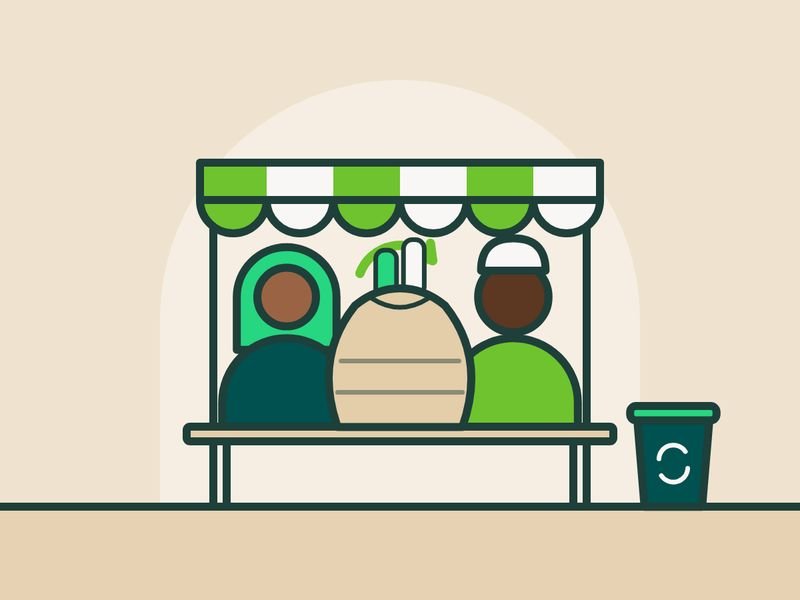 Illustration of two traders at a market stall beside a sack of produce and a recycling bin
