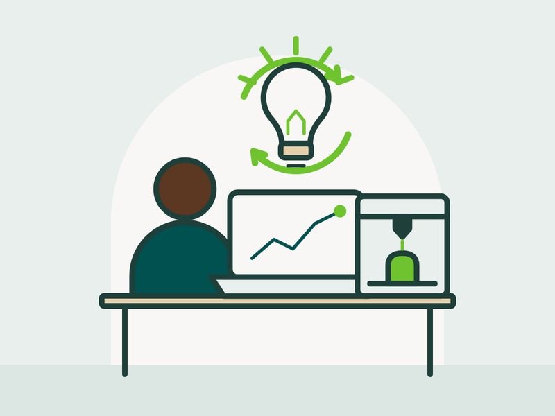 Illustration of a founder at a desk with a laptop showing a rising chart, a lightbulb, and a small prototype