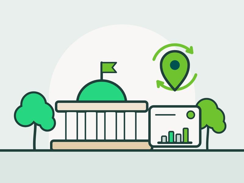 Illustration of a domed civic building beside a map pin and a dashboard showing a bar chart
