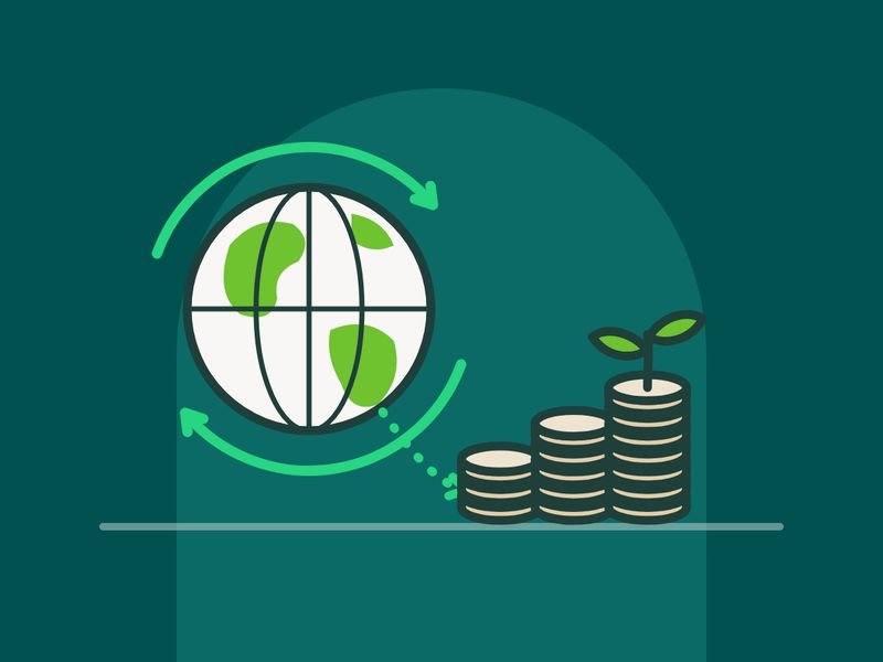 Illustration of a globe inside circular arrows beside rising stacks of coins with a seedling