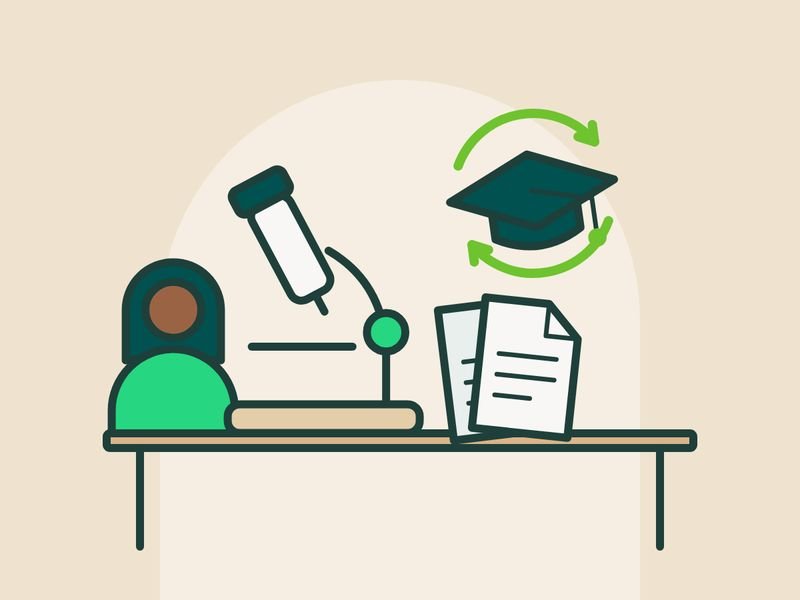 Illustration of a researcher at a bench with a microscope, a graduation cap, and research papers