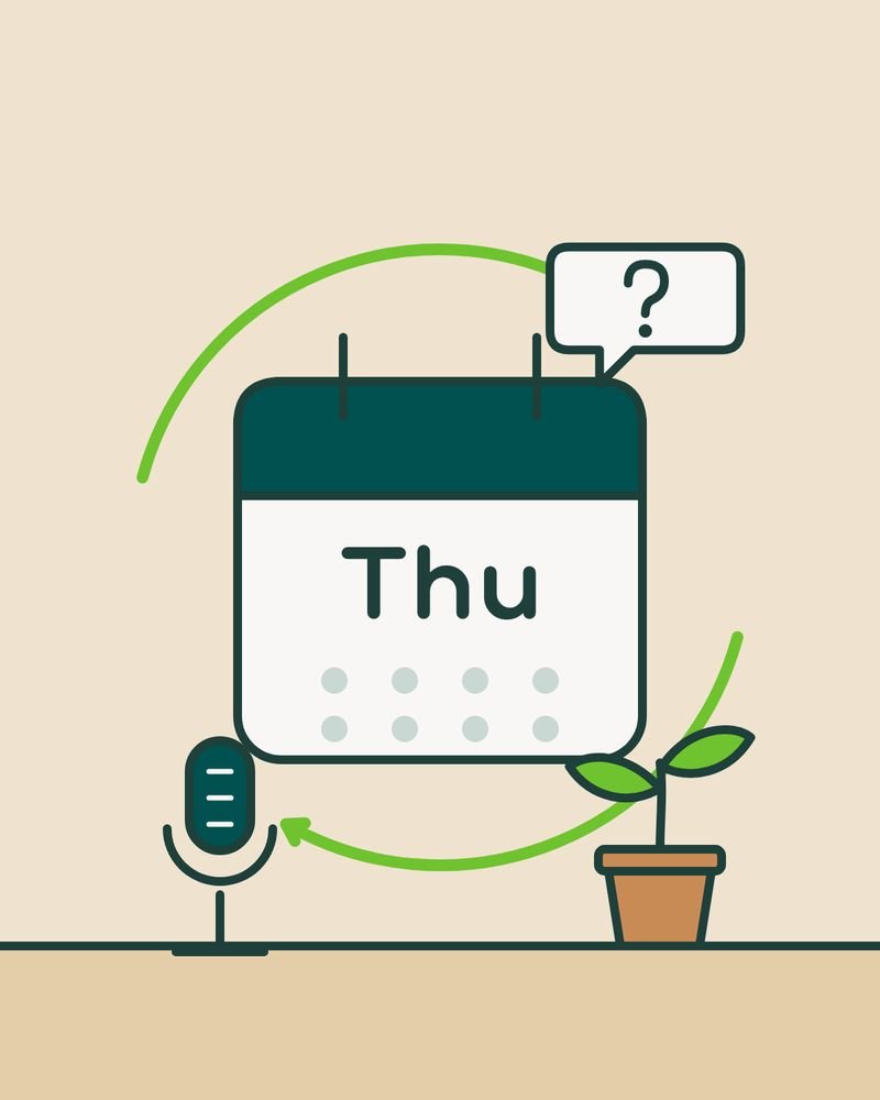 Illustration of a calendar marked Thursday inside a circular arrow, with a microphone, a question bubble, and a seedling