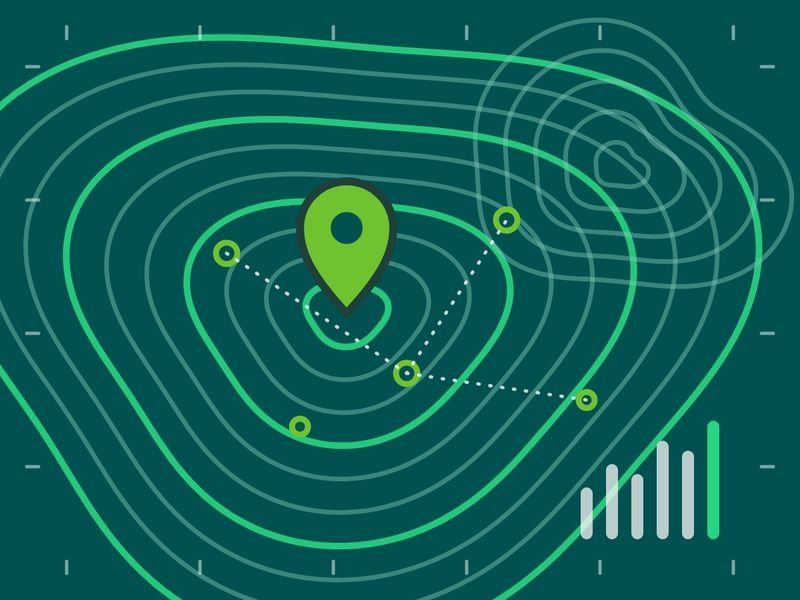 Illustration of a contour map with sampling sites, a location pin, and a small bar chart