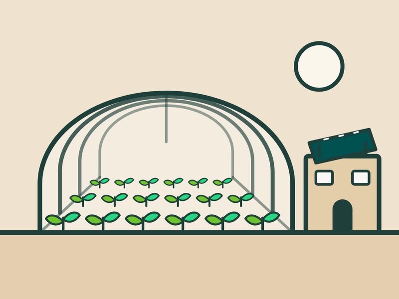 Illustration of a greenhouse tunnel with rows of seedlings beside a small solar powered laboratory