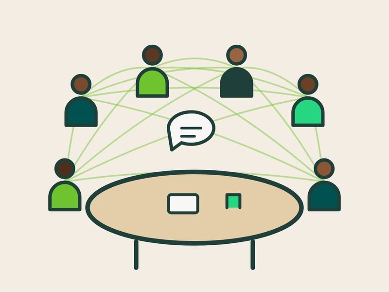 Illustration of six people around a table, linked by lines that show new connections