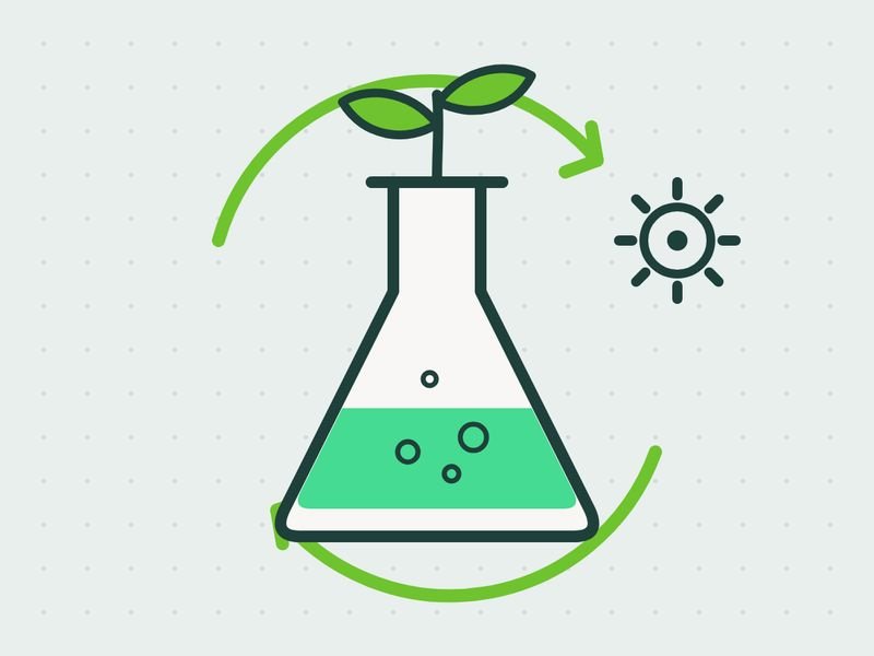 Illustration of a laboratory flask with a seedling growing from its neck, inside a circular arrow