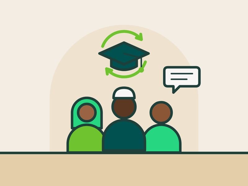 Illustration of three students under a graduation cap and a speech bubble