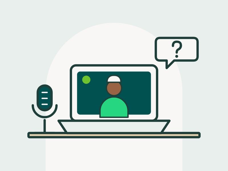 Illustration of a live video session on a laptop, with a microphone and a question bubble