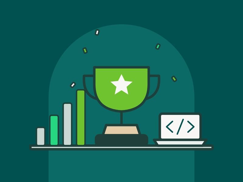 Illustration of a trophy between bar charts and a laptop showing code
