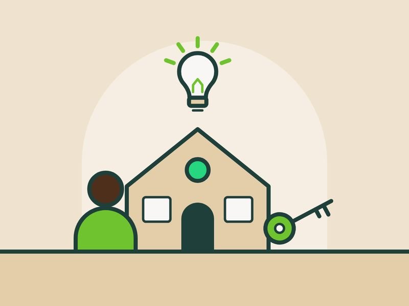 Illustration of a person with a key beside a small building and a lightbulb