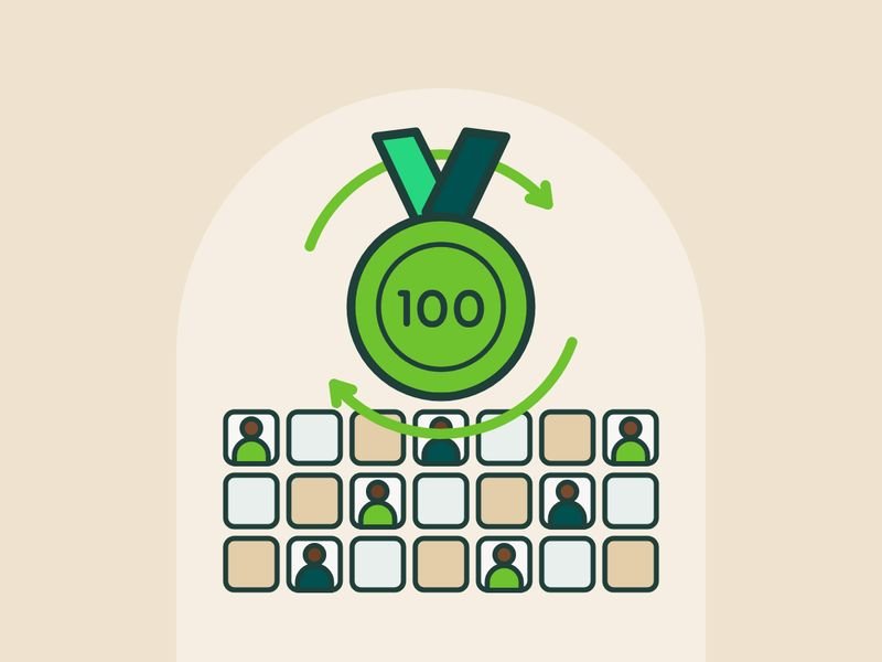 Illustration of a medal marked 100 above a wall of member portraits