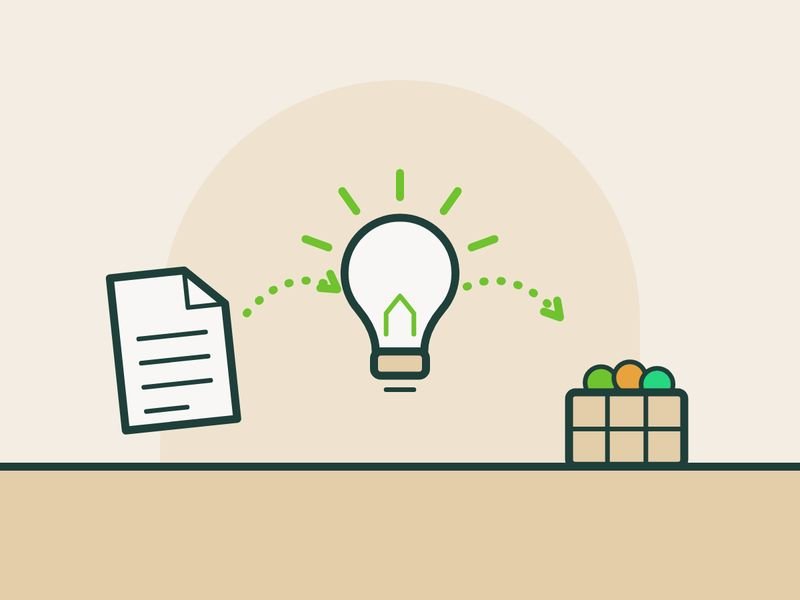 Illustration of a research paper leading to a lightbulb and then a crate of produce