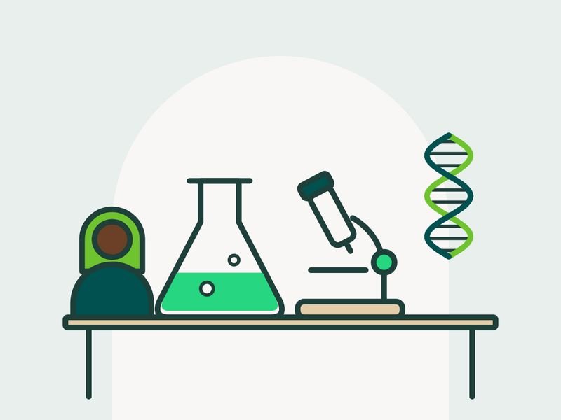 Illustration of a researcher at a laboratory bench with a flask, a microscope, and a DNA strand