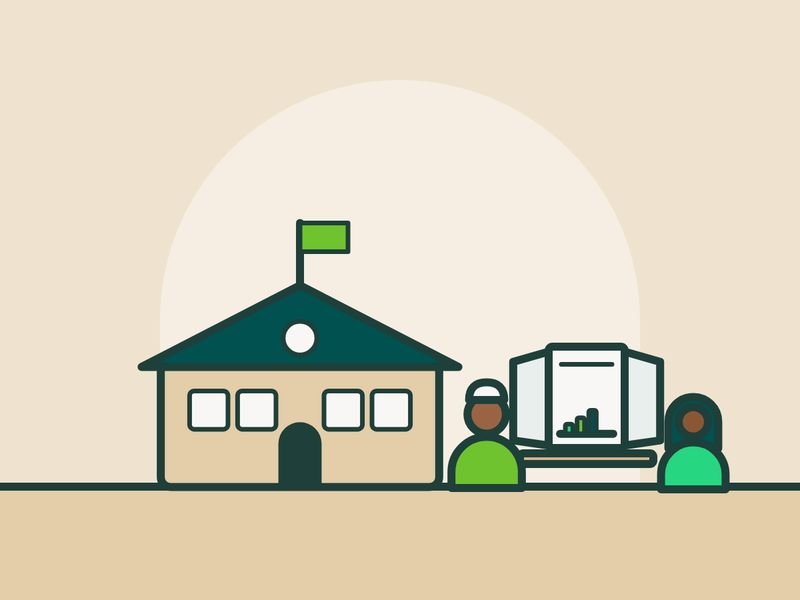 Illustration of a school building with a flag beside students and a notice board