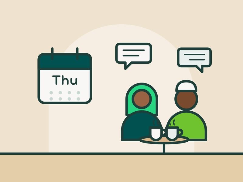 Illustration of two people talking over coffee under a calendar marked Thursday