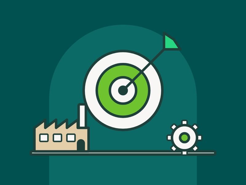 Illustration of a target with an arrow in the bullseye beside a factory and a gear
