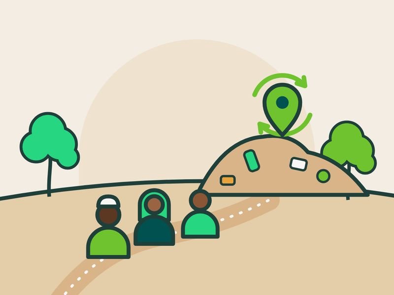 Illustration of a group walking a path towards a hill marked with a map pin