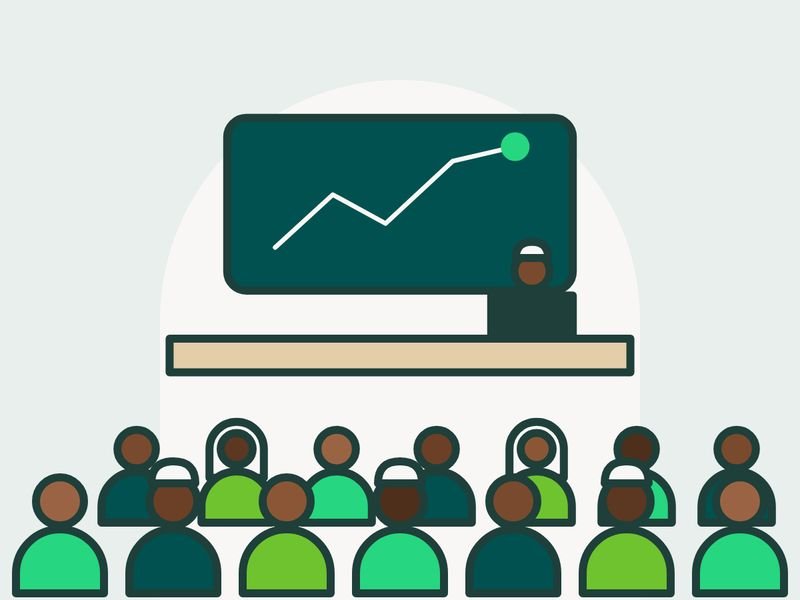 Illustration of an audience facing a stage screen that shows a rising chart