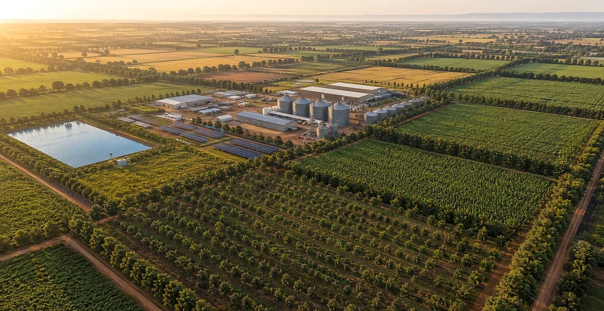 Aerial concept visualization of the Shabaru estate: cultivated blocks, tree lines, a water reservoir, and an agro-processing hub