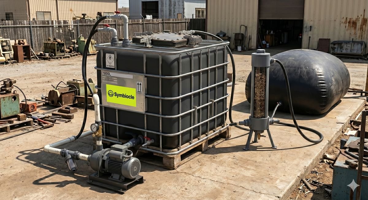 Concept render of a Symbiocle digester unit beside a gas storage bag